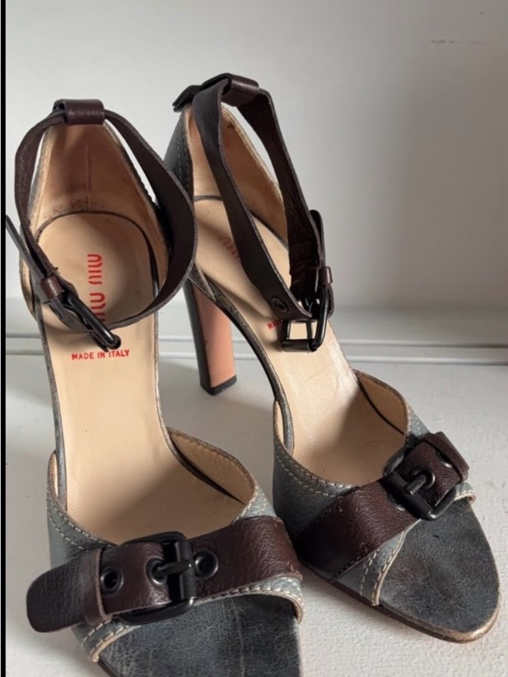 Miu Miu Brown and Gray Suede Leather Ankle-Strap Heels